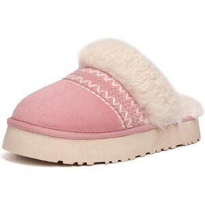 Women's Winter Warm Fuzzy Faux Fur Suede Slippers Rubber Sole Light Pink Shoes